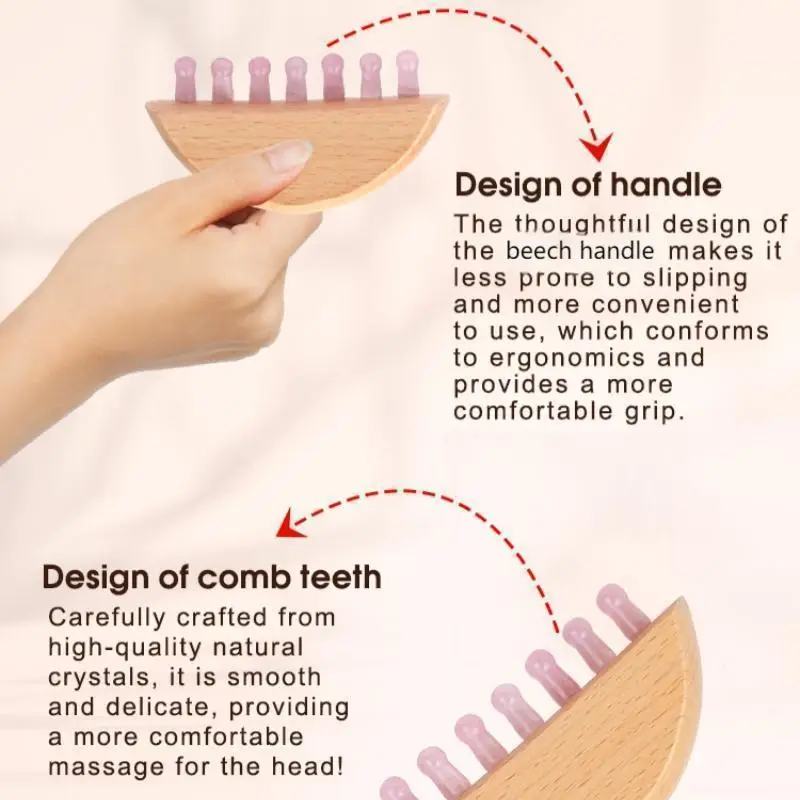 Custom Private Label Scalp Gua Sha Comb Wooden Handle Head Massager with Natural Stone Teeth for Massaging the Scalp