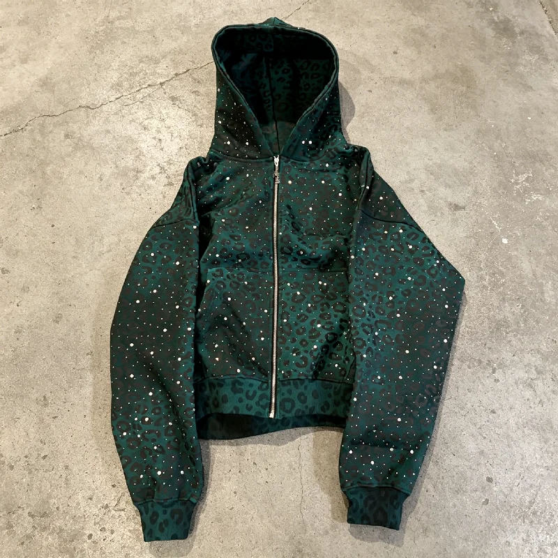 OEM Streetwear Heavyweight Cotton All Over Sublimation Printing Oversized Boxy Rhinestone Leopard Print Zipup Hoodie Men gallery 3