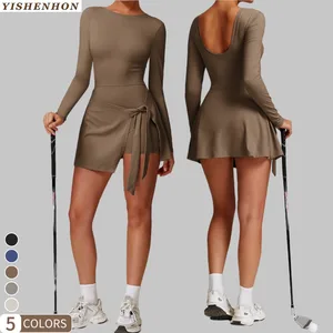 YISHENHON Sports Dress Sexy Split Strap U-back Tennis Dress Women's Gym Sports Golf Long Sleeve Light Thin High Quality Wear