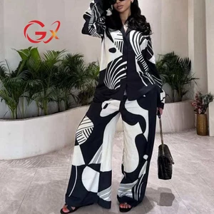 GX4531 Fashion Fall Street Wear Casual Women Clothing Boutique Long Sleeve Lapel Neck Shirt and Wide Leg Pant Ladies 2 Piece Set
