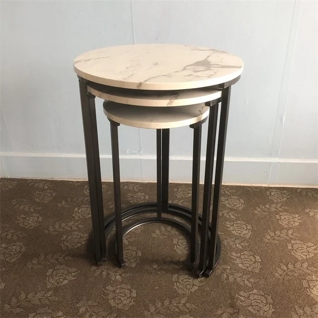 Factory Wood Round 3 PC Nesting Coffee Table Set of 3 End Table for Living Room Side Tables With Metal Frame