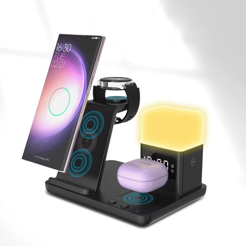 6 in 1 15W Fast Charging Magnetic Multifunction Wireless Charger with Alarm Clock Light LED Desk Lamp for iPhone Samsung Android