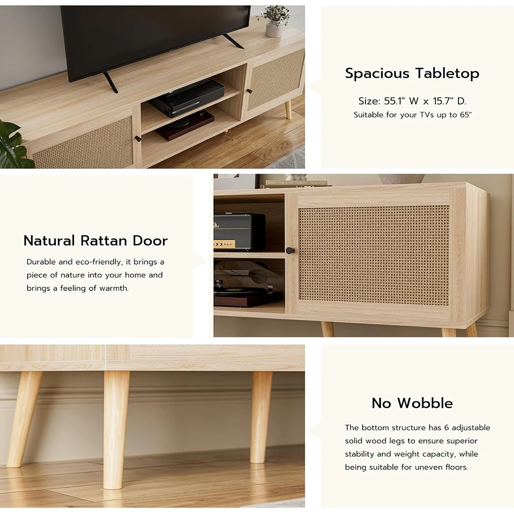 Modern TV Stand for TVs up to 65'' 2 Cabinets Rattan Door & Wooden Shelves Entertainment Center for Home Living Room manufacture
