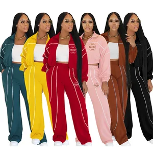 Custom 2026 New Fashion Women's Contrast Color Patchwork Side Stripe Long Sleeve and Long Pants Set Casual Sports 2 Pieces Set
