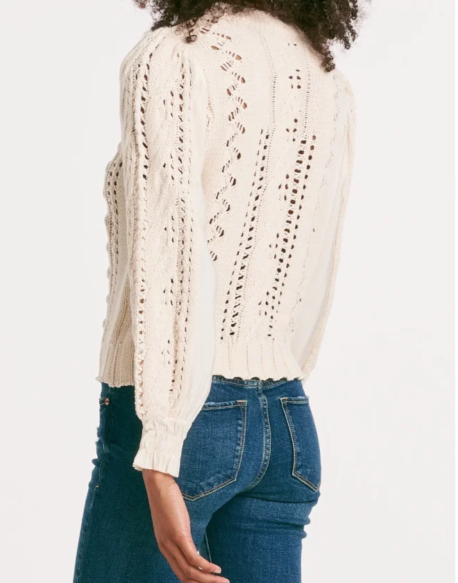 Young Ladies For Cream Jacquard Crochet Long Sleeve Sweater Hollow Details Color Matching Stitching For Leisure Going Women