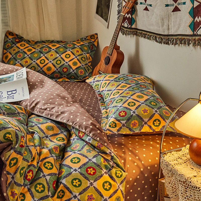 American Ins Retro Style Oil Painting Small Grid Quilt Bedding Set Four Pieces of Bed Linen Dormitory Three Pieces
