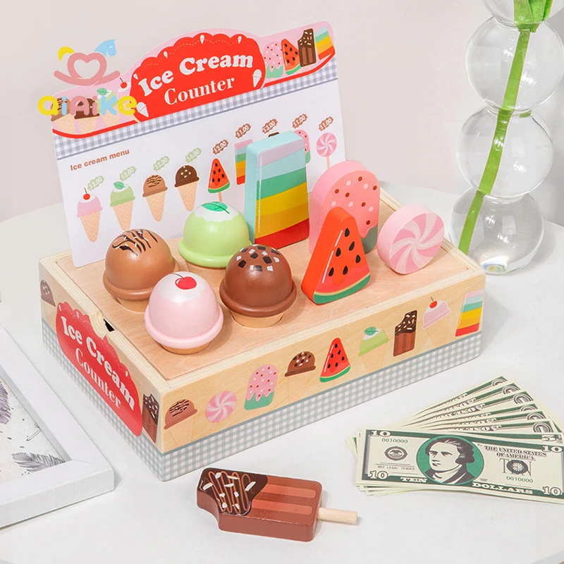 子供向けごっこ遊びおもちゃ みせごっこアイスクリームカウンター キッチンフードアクセサリー アイスクリームショップごっこ用木製おもちゃ