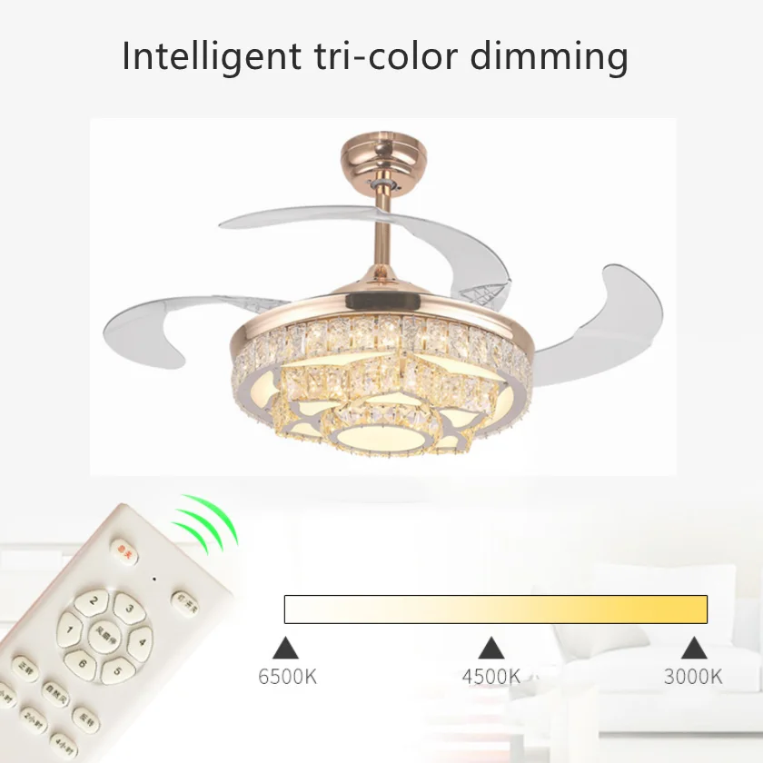 42inch  ceiling fans with light crystal led chandelier fixture retractable blades remote control led ceiling fan