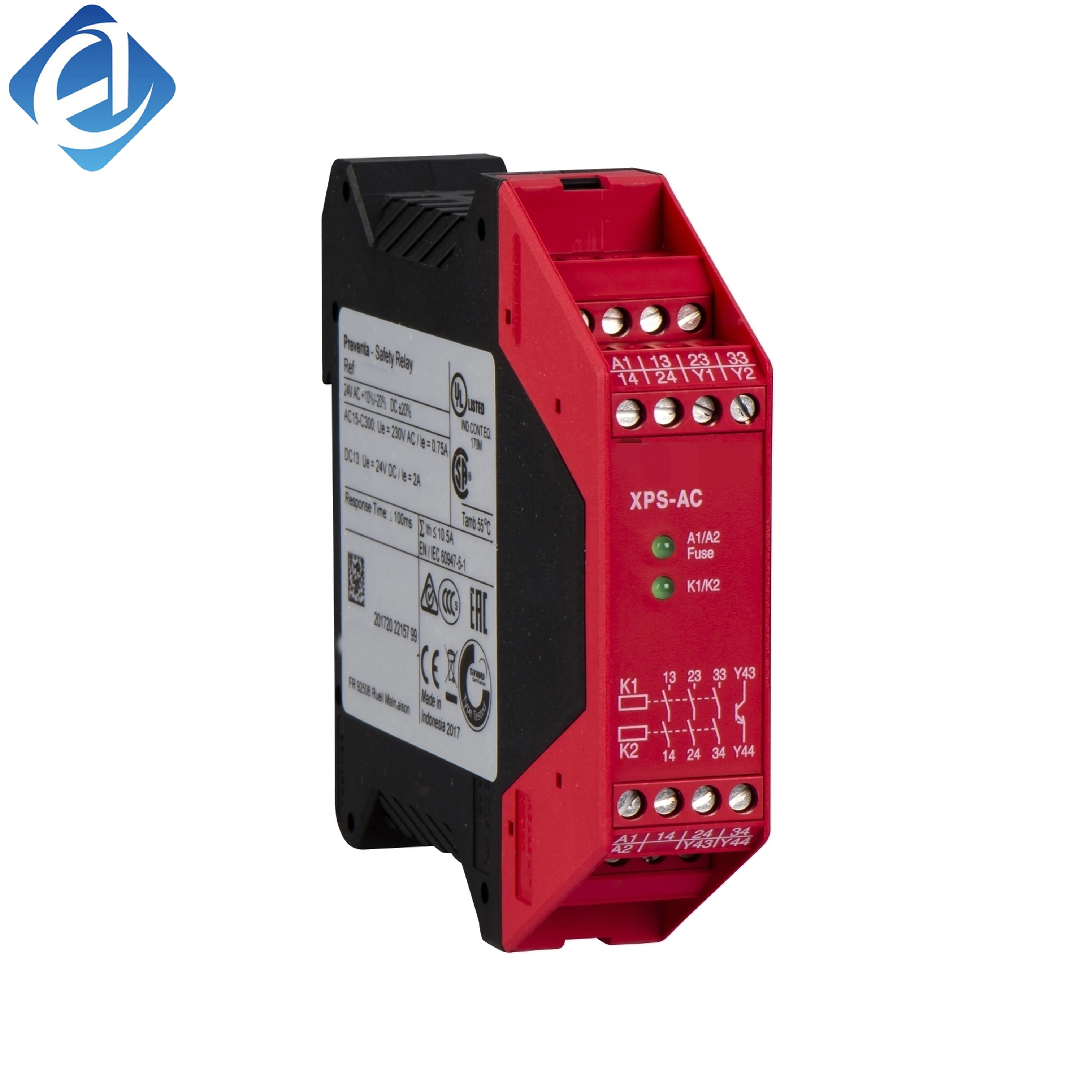 New Original XPSAC3421 safety relay module from Schneider Electric Preventa XPSAC series. 115V AC supply, 3 NO safety relay outputs, 1 solid-state auxiliary output. 
