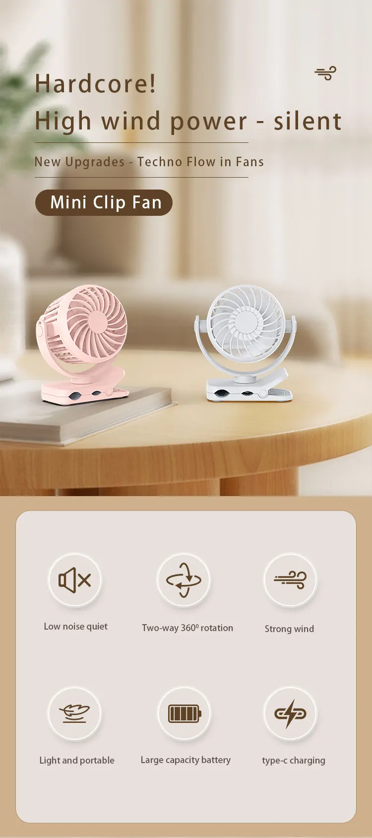 Portable Mini Clip Fan, 2000mAh, 360 - detail 4