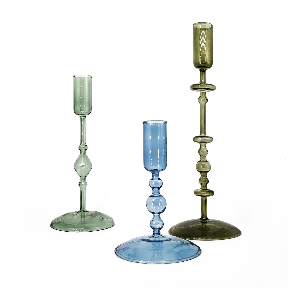 Handmade table decor blue green taper glass candlestick candle stand holders decorative candle stick holder set design for sale