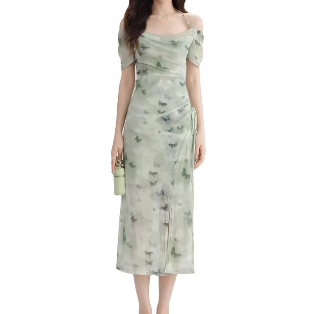 Elegant New Chinese Retro Fashion Medium Long Party Skirt with Sweet Elegant Butterfly Mesh Splicing Elastic for Autumn