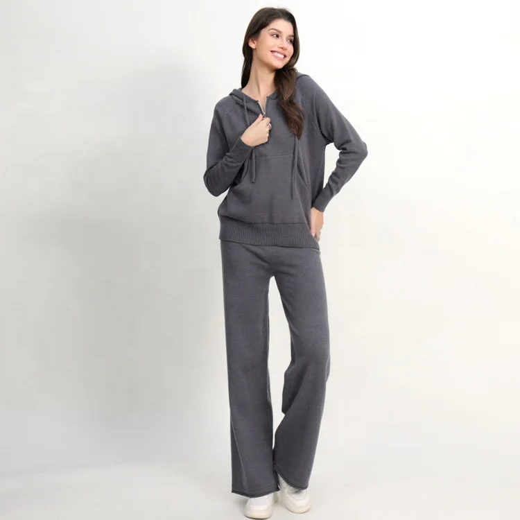 Arctic Velvet Hooded Knitted Shirt Women's Autumn and Winter New High end Zipper Pullover Knitted Two piece Set