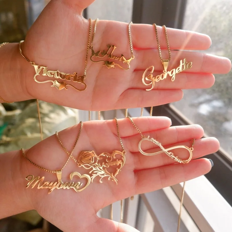 Stainless Steel Gold Box Chain Custom Name Necklace for Women Customized Personalized Nameplate Pendant Fashion Jewelry Necklace