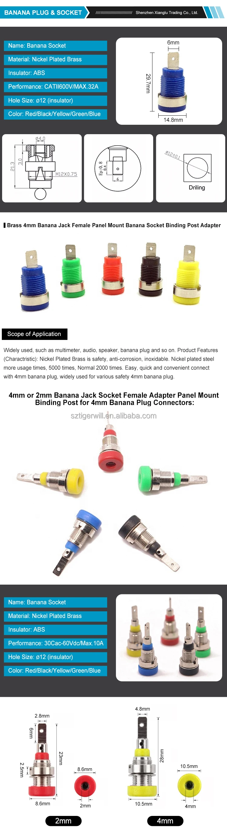 Bornes Connecteur Banane Femelle 4 Mm - Lot De 5 Paires - Nickel Plaqué, Longueur 34 Mm - Pour Câblage Audio, électronique