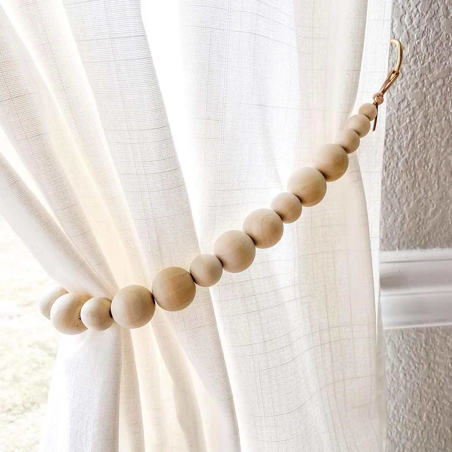 Set of 2 Boho Decor Accessories Farmhouse Decorative Wooden Beads Garland Drape Tie Backs Natural Wood Curtain Tiebacks