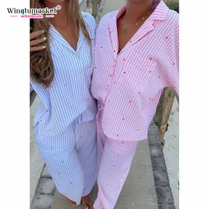 Wholesale Custom logo Pajamas Long Sleeve Embroidered Pyjamas Home Wear Striped Loungewear Seersucker Hearts Pajama Set