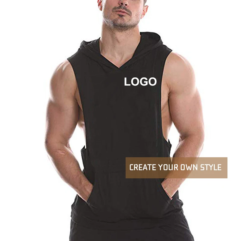 High Quality Custom Gym Workout Tank Tops Hooded Men Fitness Sports Sleeveless Vest Hoodie Shirt