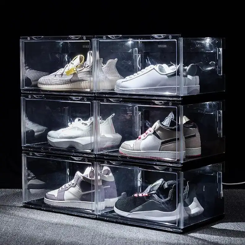 Side Open Magnetic clear Stackable Shoe Box Led Lights Acrylic Sound Control LED Light Shoe Storage Sneaker Boxes with Lighting