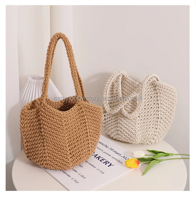 Large Capacity Solid Color Cotton Rope Handmade Knit Crochet Tote Bag ...