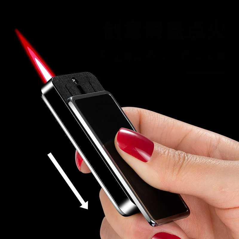 Slide Lid Pull Down Ignition Lighter Butane Gas Metal Luxury Windproof Inflatable Lighter
