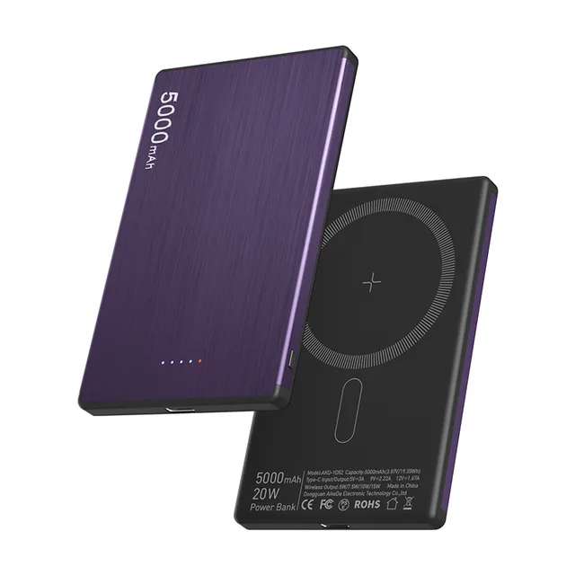 Korea KCC 5000mAh Slim 2-in-1 Aluminum Alloy Power Bank Quick Charge 20W Wireless Charger for iPhone Portable Magnetic Design