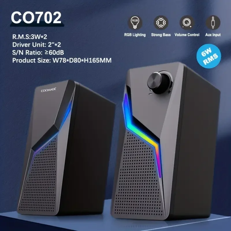 カラフルLEDライトPCスピーカー CO702 2.0ゲーミングスピーカー 6W出力