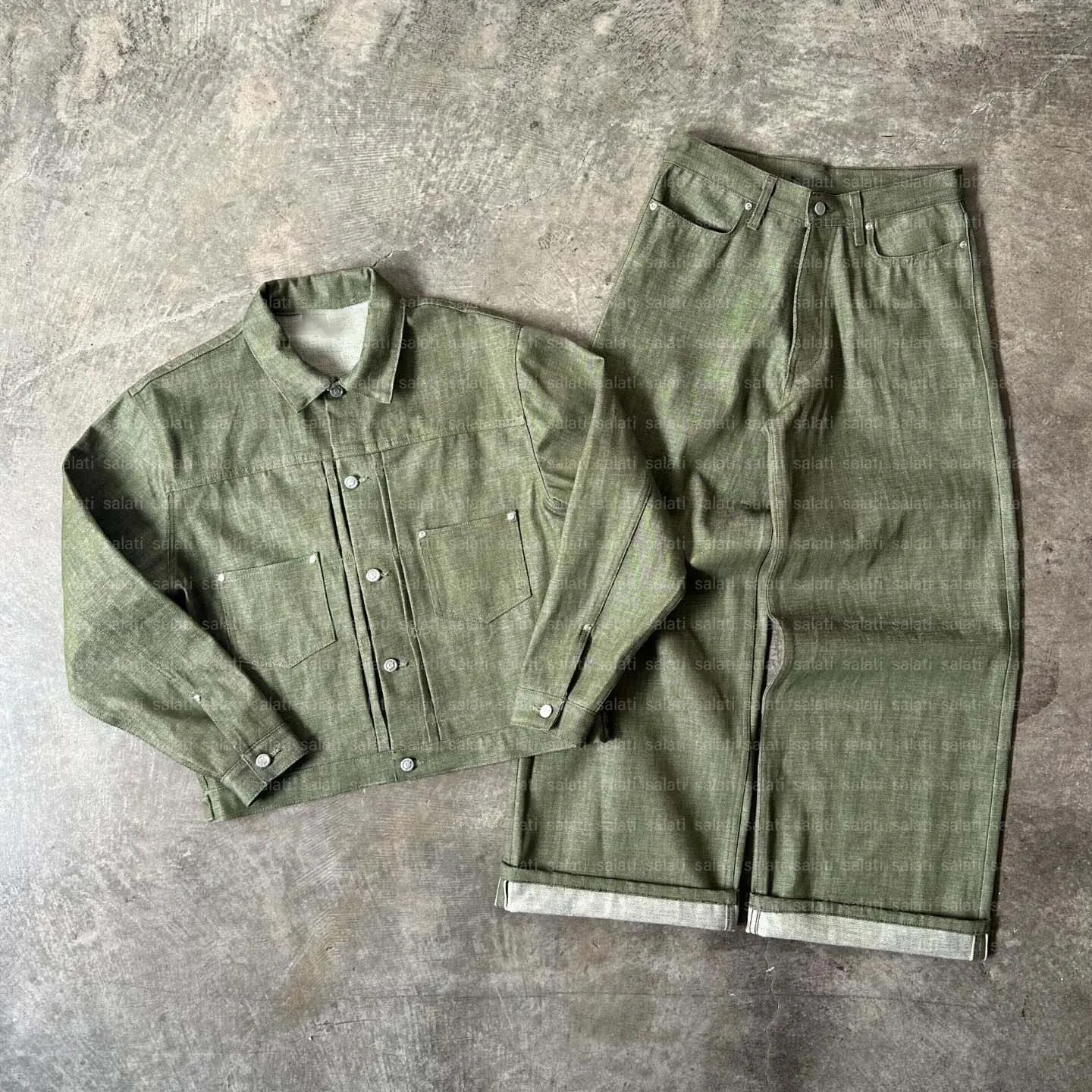 Men's Two-Piece Pant Set Button Suit Jacket Japanese Raw Denim Outfits Selvedge Jeans Jacket Printed Raw Denim Jacket Set gallery 6
