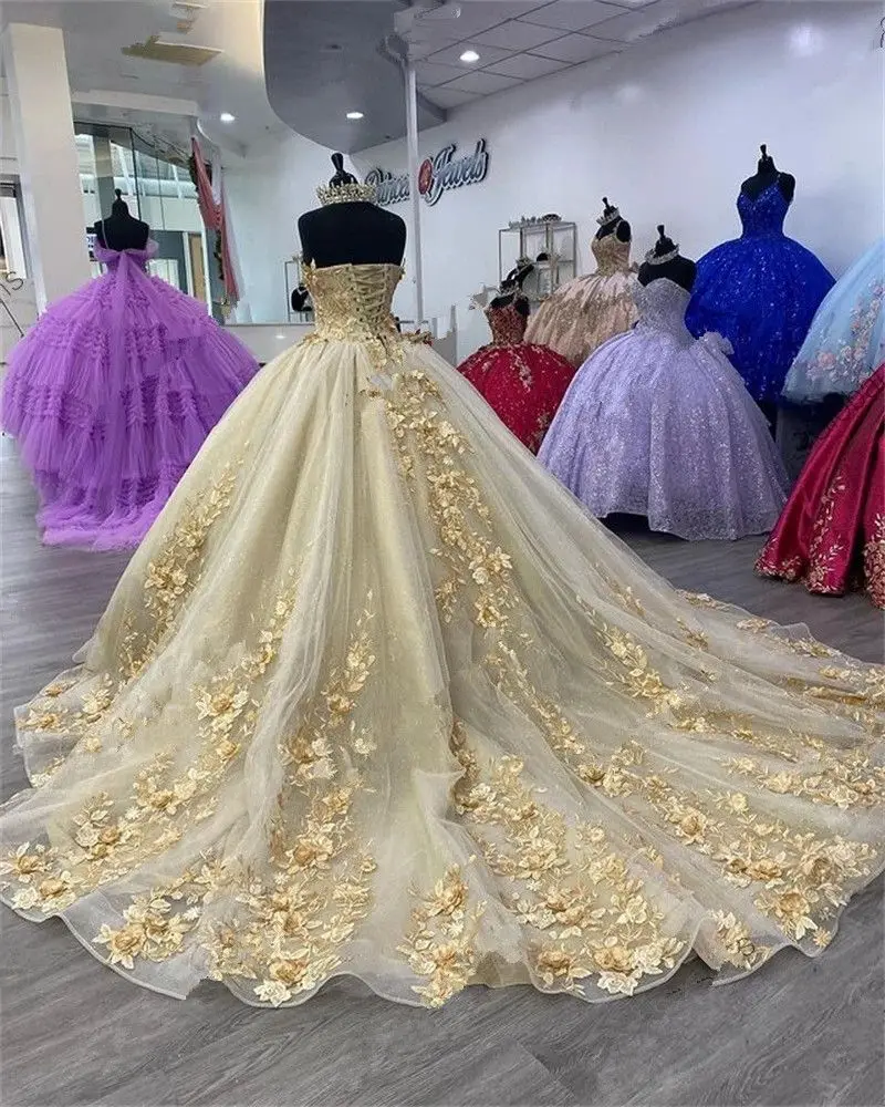 Mumuleo Champagne Gold Princess Quinceanera Dresses for Girls Beaded  Appliques Corset Prom Birthday Dresses Vestido De 15 Anos