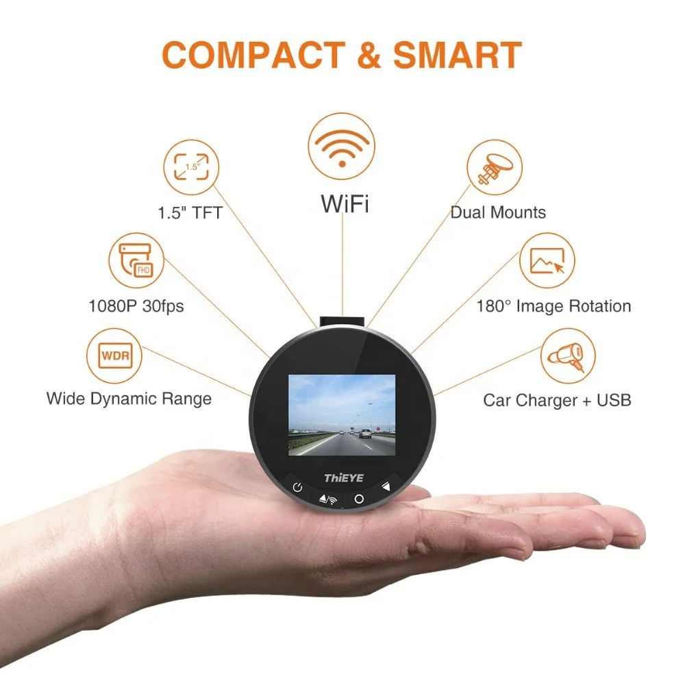 
 Автомобильный видеорегистратор ThiEYE, HD, 1080P, Wi-Fi, G-датчик, угол обзора 170 градусов  