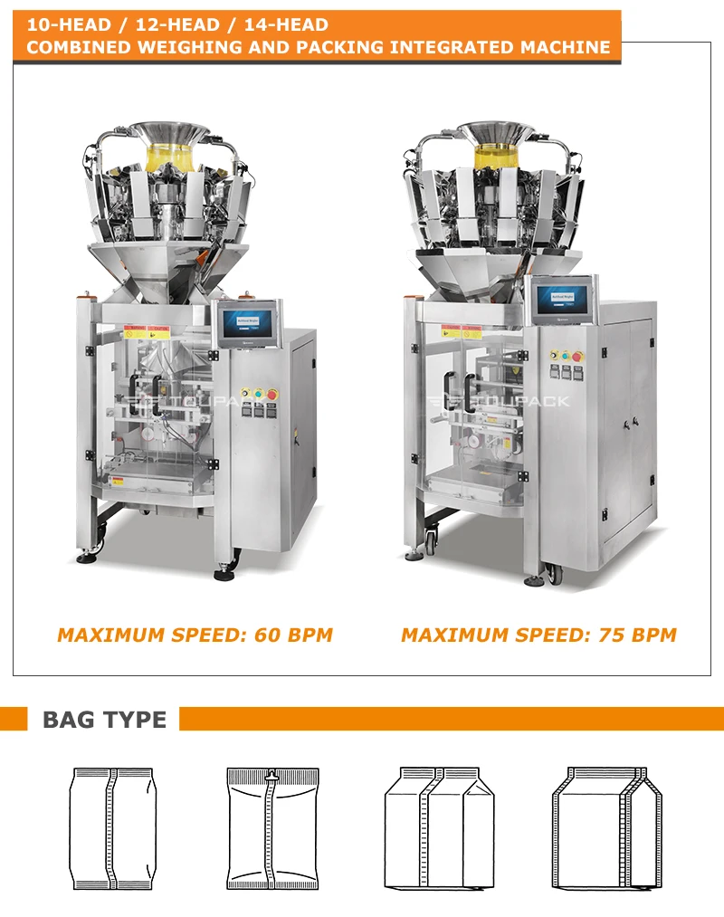 10/14 Hoppers Multihead Weigher Packing Machine with 220V50/60Hz and 1 Year Warranty for Food Packaging