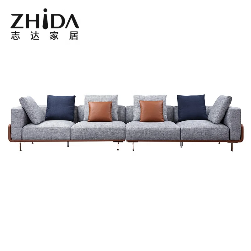 Zhida Factory Custom Made High End Villa Living Room Fabric Sectional Sofa Set Couch Modern Design Genuine Leather l Shape Sofa