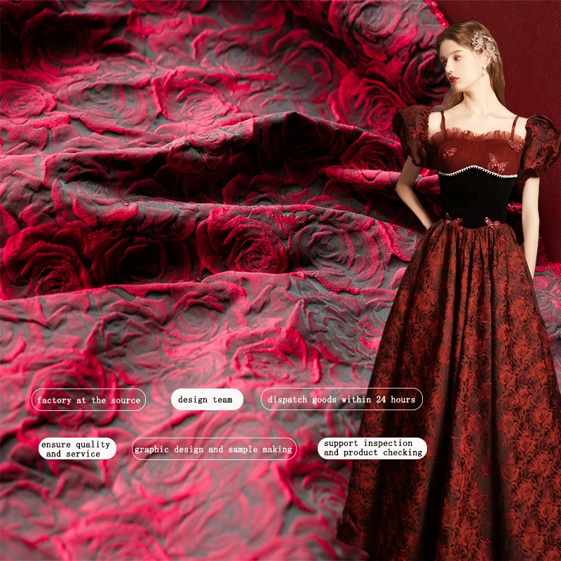 Wholesale Custom Polyester Florals Embossed Red Woven Rose Jacquard Brocade Fabric for Women  Dress