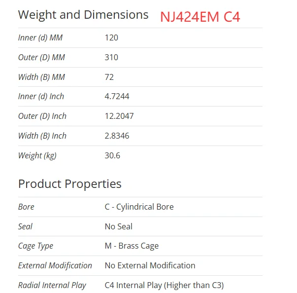 Heavy Load Mining Bearing NJ424EM Cylindrical Roller Bearing NJ424EM C4 for Vibrating Screen