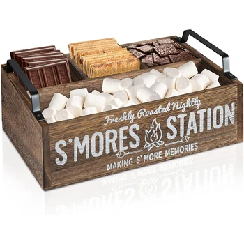 Eco-friendly Wholesales Customization Farmhouse Wooden S'mores Bar Candy Holder Station with Handle
