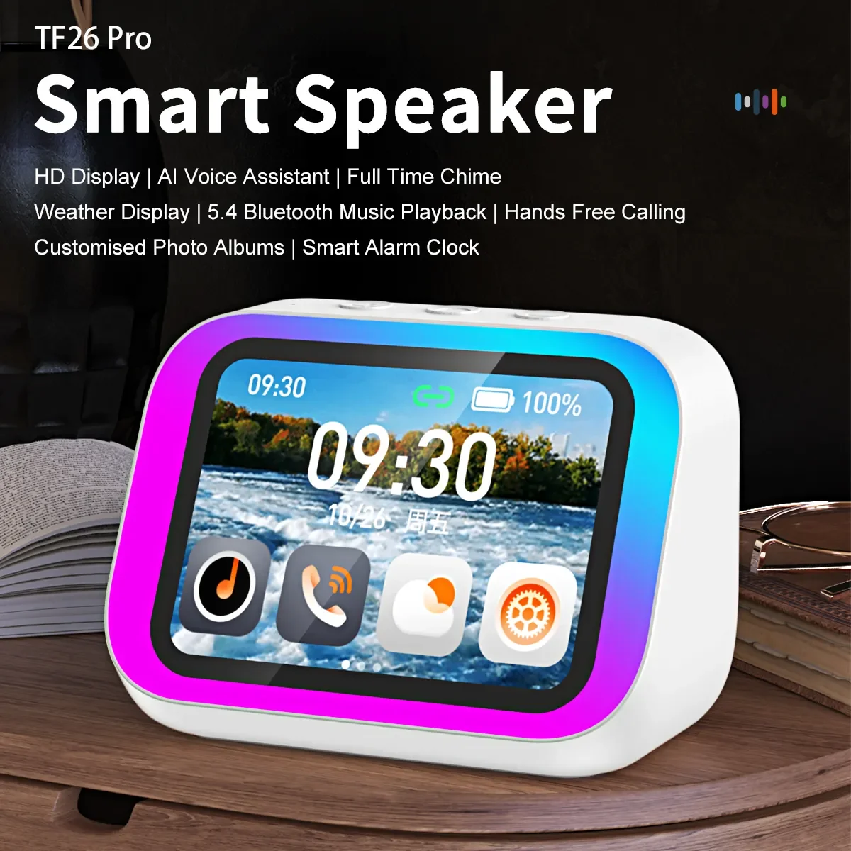 TF26 Pro AI Voice Assistant Smart Speaker Intelligent HIFI RGB Led Light Handsfree Portable Wireless Speaker 4'' Touch Screen