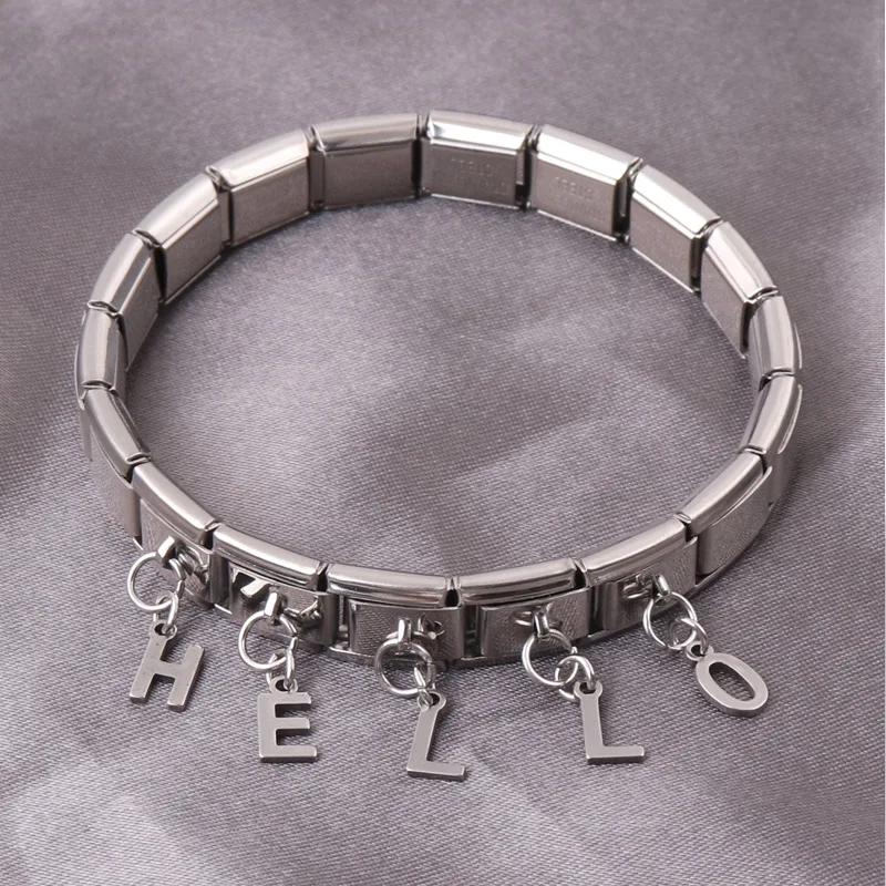 Wholesale 316L Stainless Steel Letter Links bracelets High Polished Hello Italian charms elastic bracelet