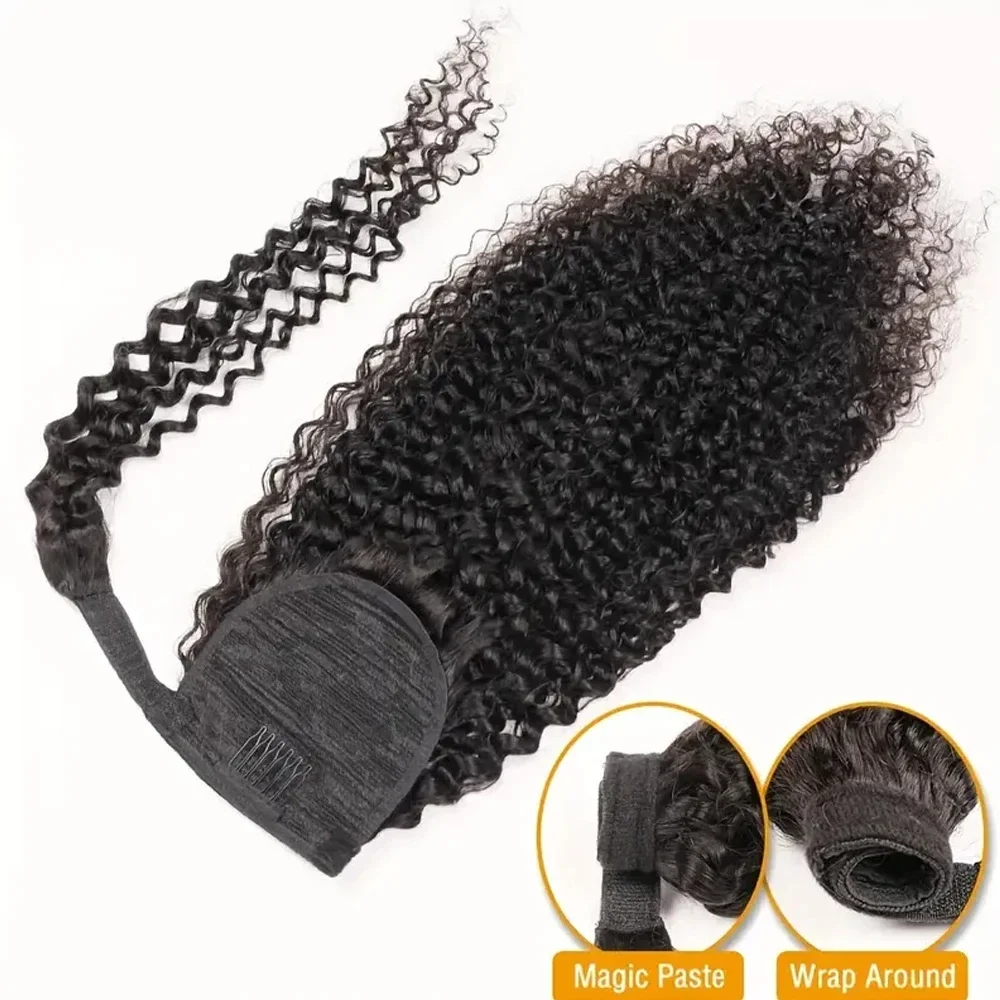 Queue de cheval crépue bouclée avec cordon de serrage, cheveux humains à clipser, extensions de cheveux humains pour femmes, postiche enroulé, queue de cheval naturelle_voghion.com