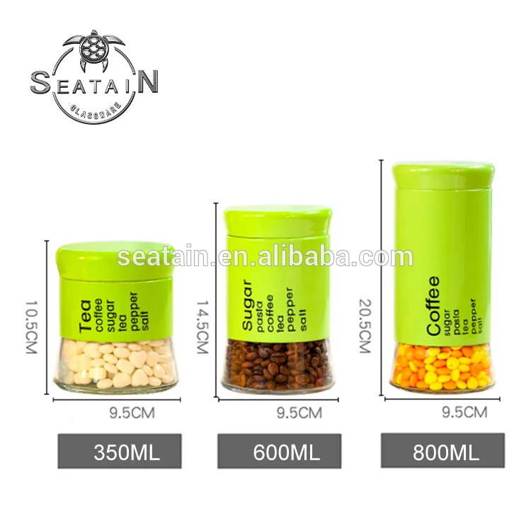 350 ml 600 ml 800 ml Tea Coffee Sugar Stainless Steel Coating Glass Storage Jars Set