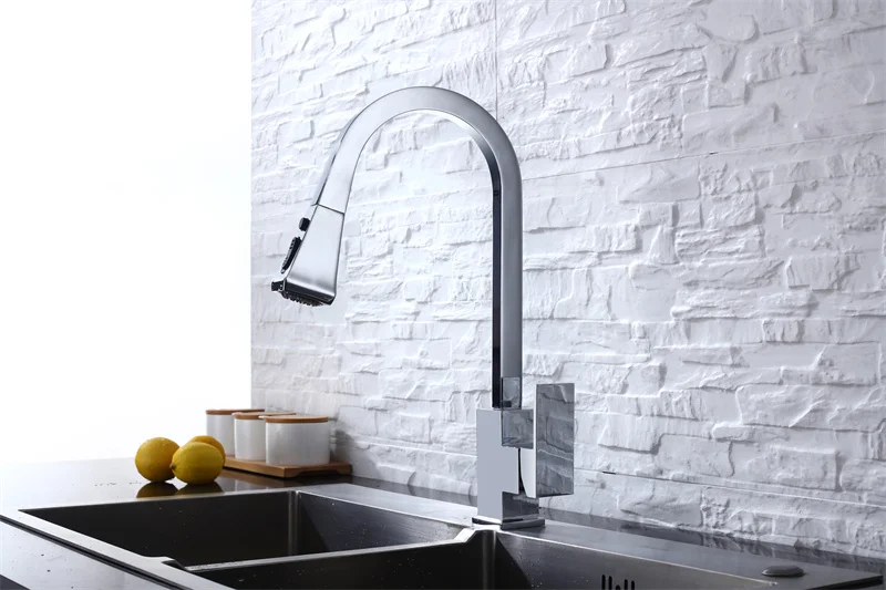Deck Mount Pull Out Kitchen Faucets Single Handle Pull-down Farmhouse Sink Mixers with Adjustable Sprayer