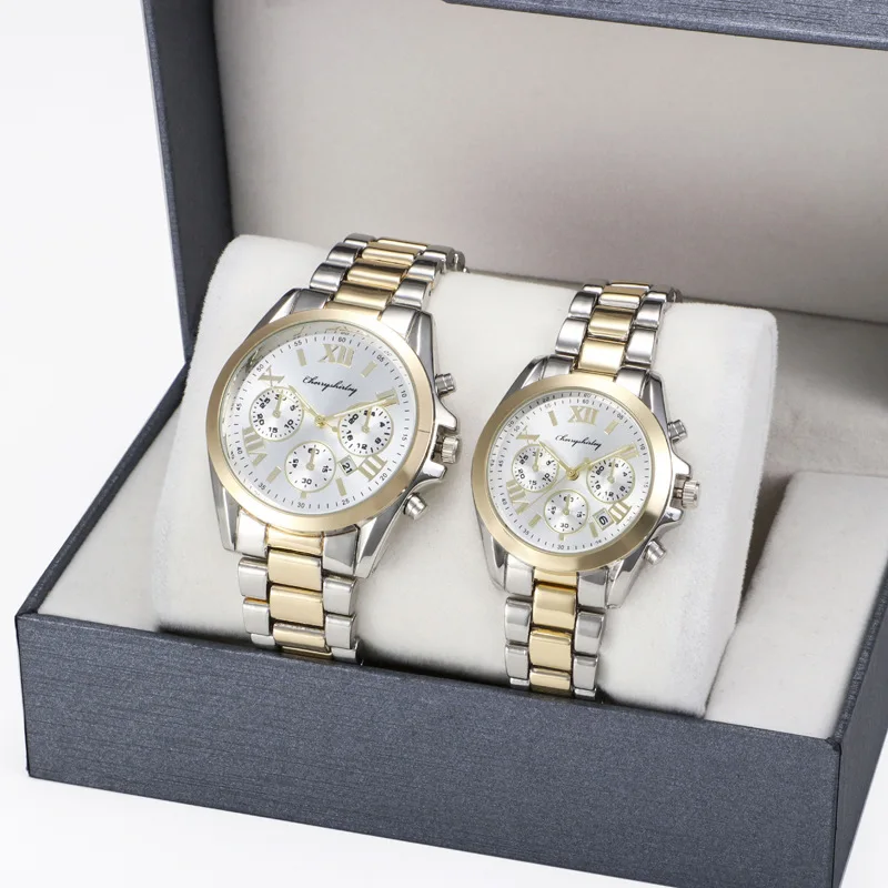 MK Style Two Tone Gold Color Quartz Movement Stainless Steel case Back Man and Lady Pair Couple Watch