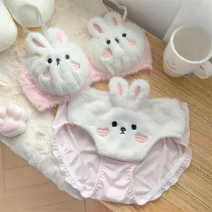 Snow Velvet Milk Rabbit Autumn Winter Furry Women's Sexy Breathable Adjusted-straps Bikini Cute Ears Bra Set