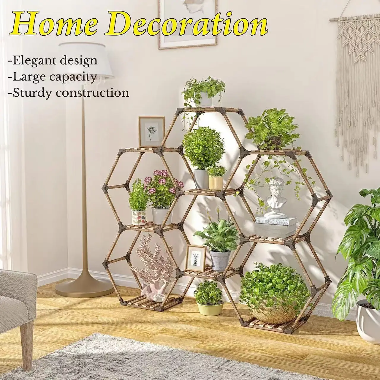 Hexagon Plant Shelf - 9-Grid Wooden Flower Rack for Indoor & Outdoor Plants, Succulents & Herb Garden, Natural Home Decor