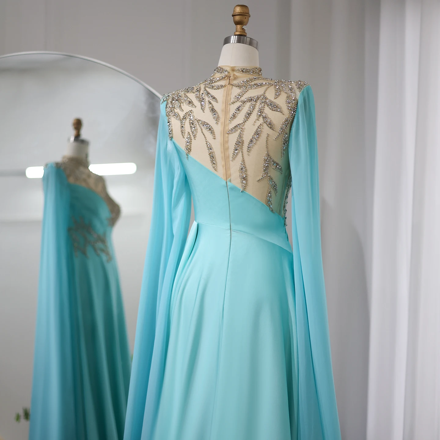 Luxury Crystal Turquoise Blue Evening Dress With Cap Sleeves 2024 High Neck  Arabic Women Wedding Party Dress Sz207-1