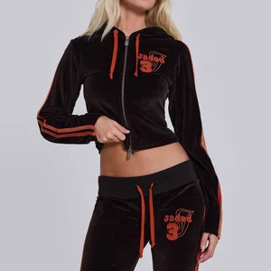 Custom Y2K Womens Clothing Customized Women's Zip Letters Embroidery Tracksuit Set  Velvet Hoodie and Joggers Two Piece Sets