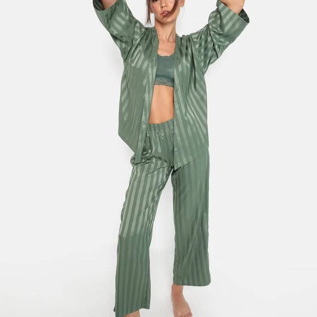 woman  2 piece Set green robes Striped Satin Sleeping Short Pajama Set Pyjama night wear Sleepwear Pijama Pjs for women