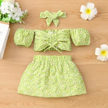 Ins Summer new infant baby girl square collar puff sleeve short top floral print suit skirt
