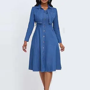 Two Pieces Vintage Elegent Denim Dress with Jackets Midi Dress Button Down Long Sleeve Shirt Dress Outfits for Party Daily