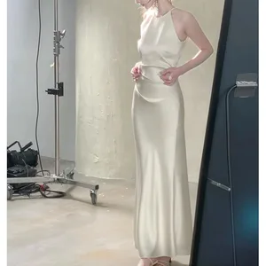 Women Summer New Sleeveless Backless Outwear Soft Silk Satin Elegant Solid Green Satin Silk Dress