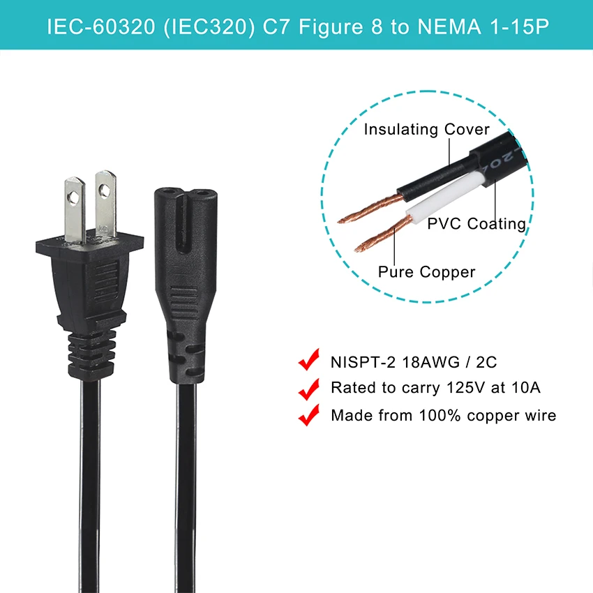 Flat Usa Nema 1-15P Iec 60320 2Pin American Extension 2 Prong Nema-1-15P to Iec320-C7 Plug C7 Polarized Power Cord